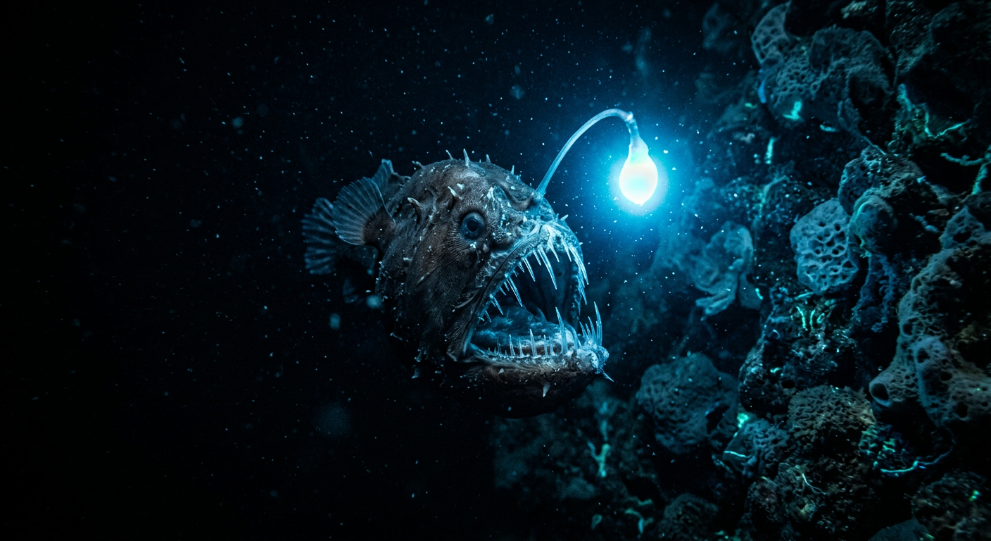 A deep sea anglerfish in total darkness