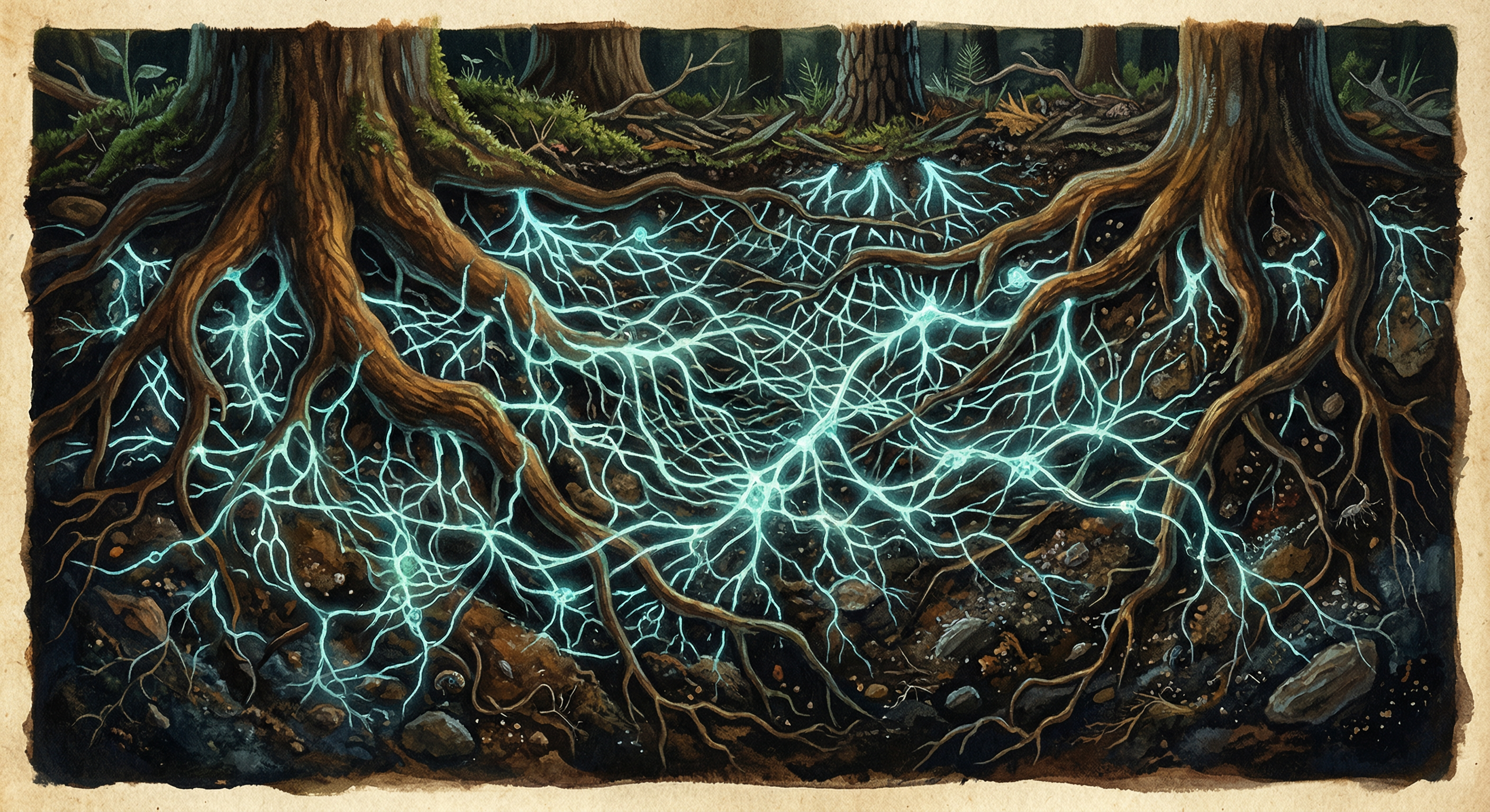 Bioluminescent mycelium network connecting tree roots underground