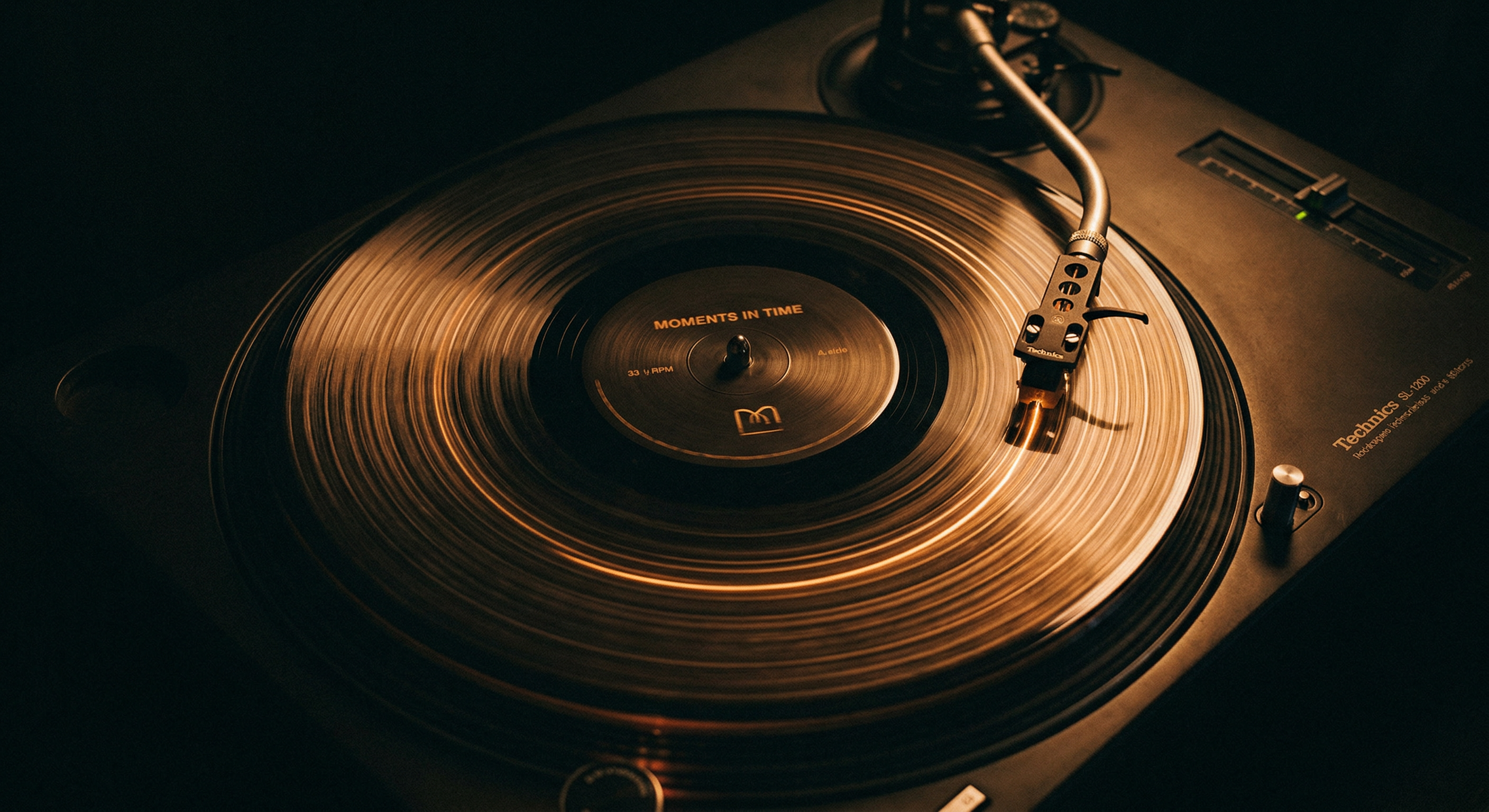 A vinyl record spinning, grooves catching warm light like tree rings