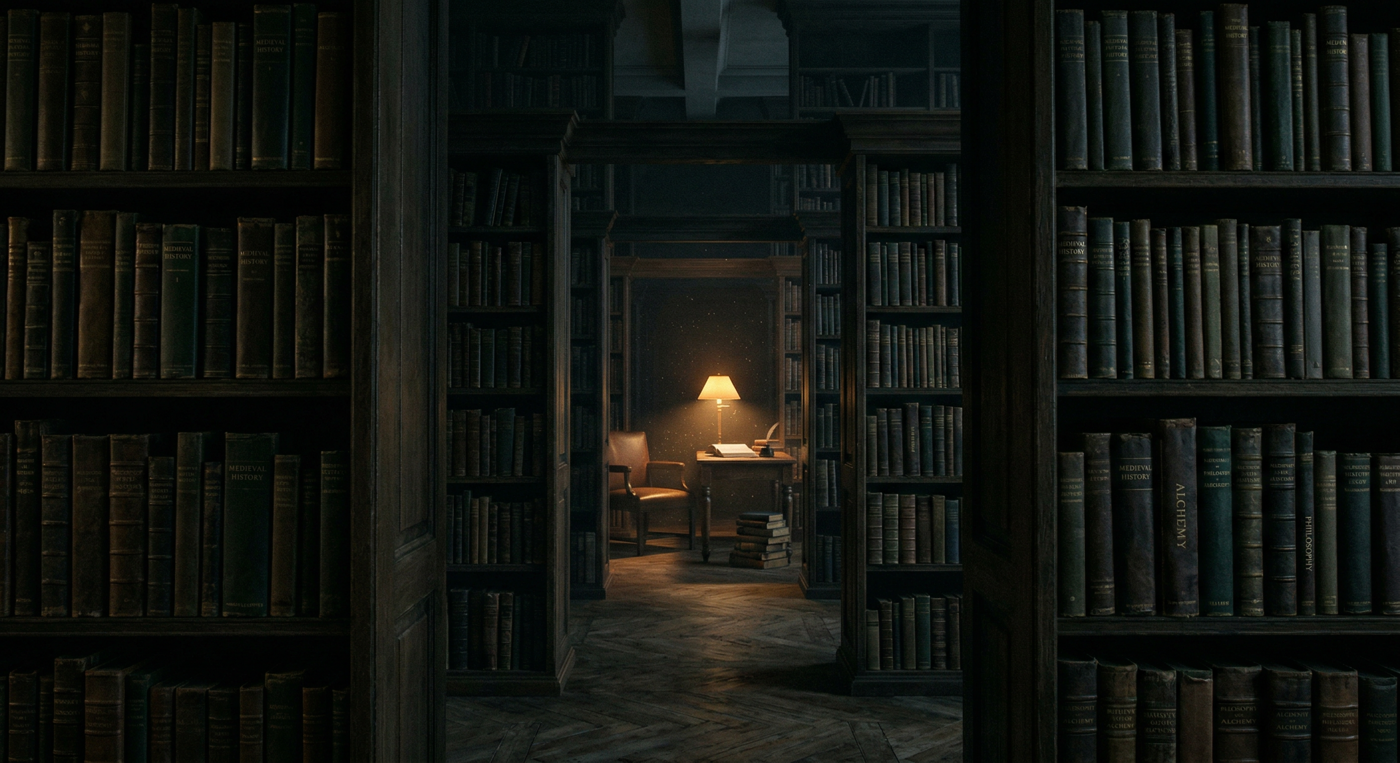 An empty library at night, a single reading lamp glowing between bookshelves