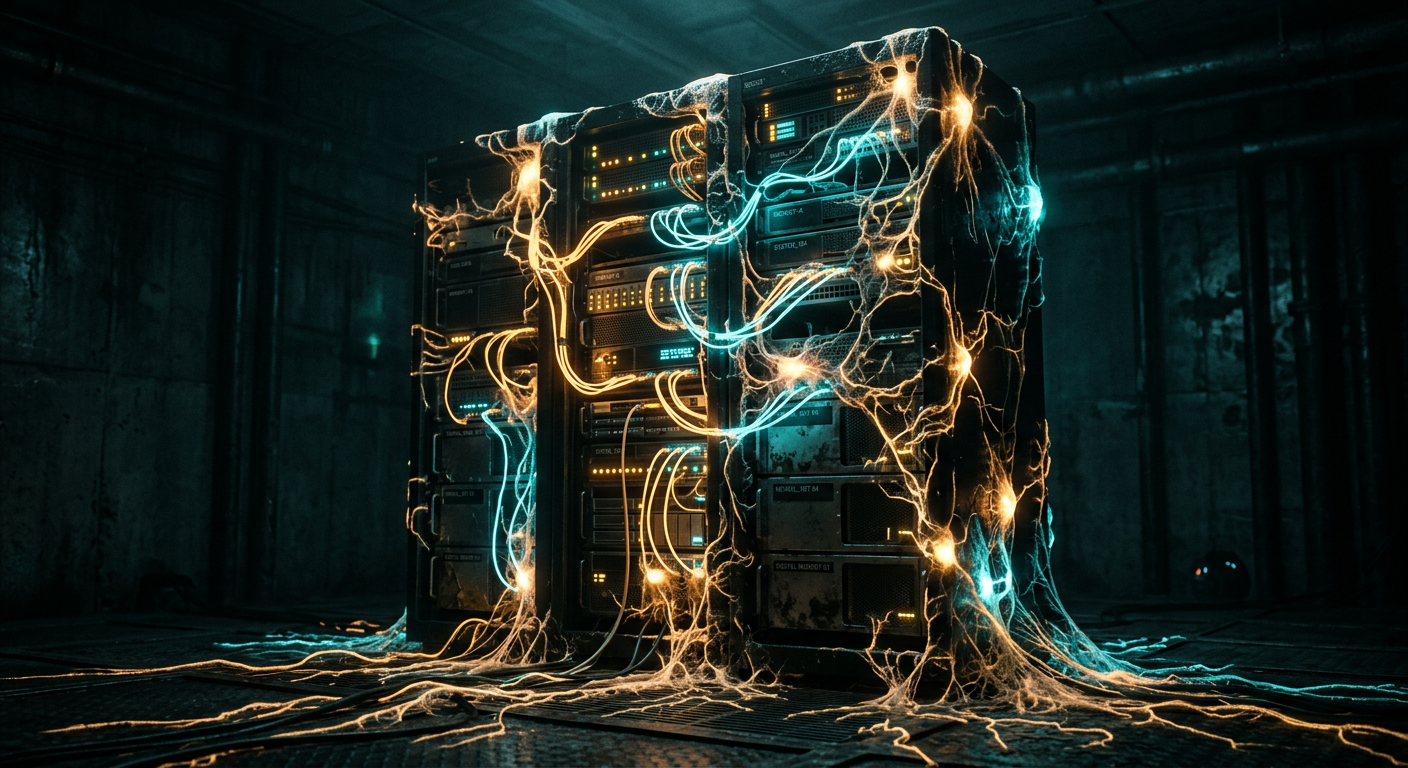 A dark, cyberpunk-style scene of server racks with glowing, root-like cables spilling across a grated floor in blue and orange light.