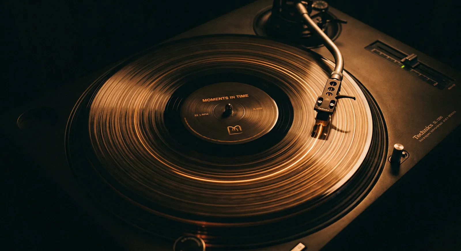 Warm light catches the concentric grooves of a vinyl record.