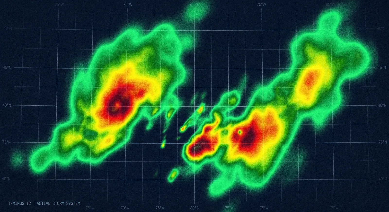 An abstract weather-radar illustration with bright storm colors on a dark grid.