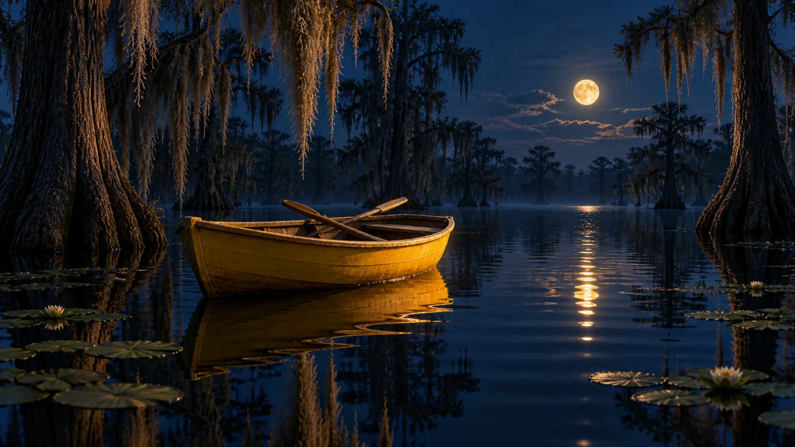 A small yellow rowboat resting on still water beneath moss-draped cypress trees at twilight
