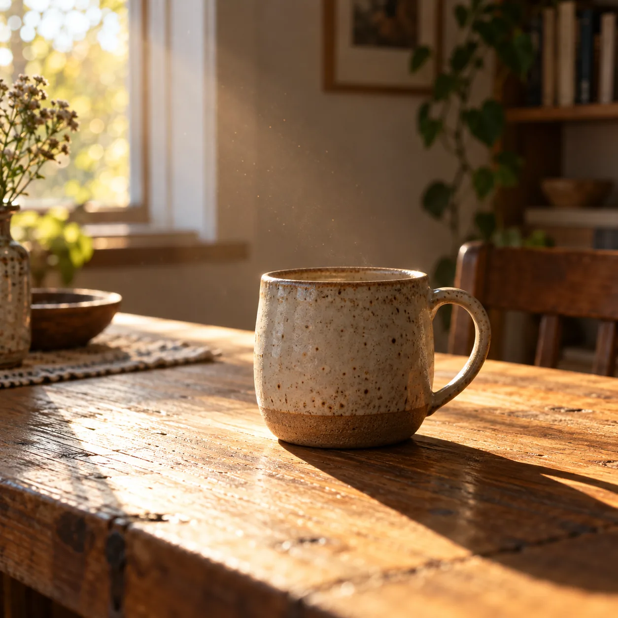 A ceramic cup glowing in a golden patch of afternoon sunlight on a wooden table