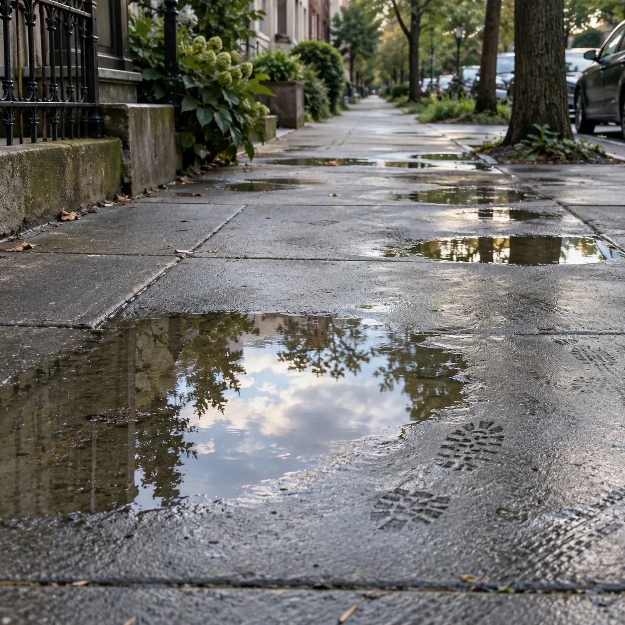Rain-darkened pavement with puddles reflecting a pale cloudy sky and trees.