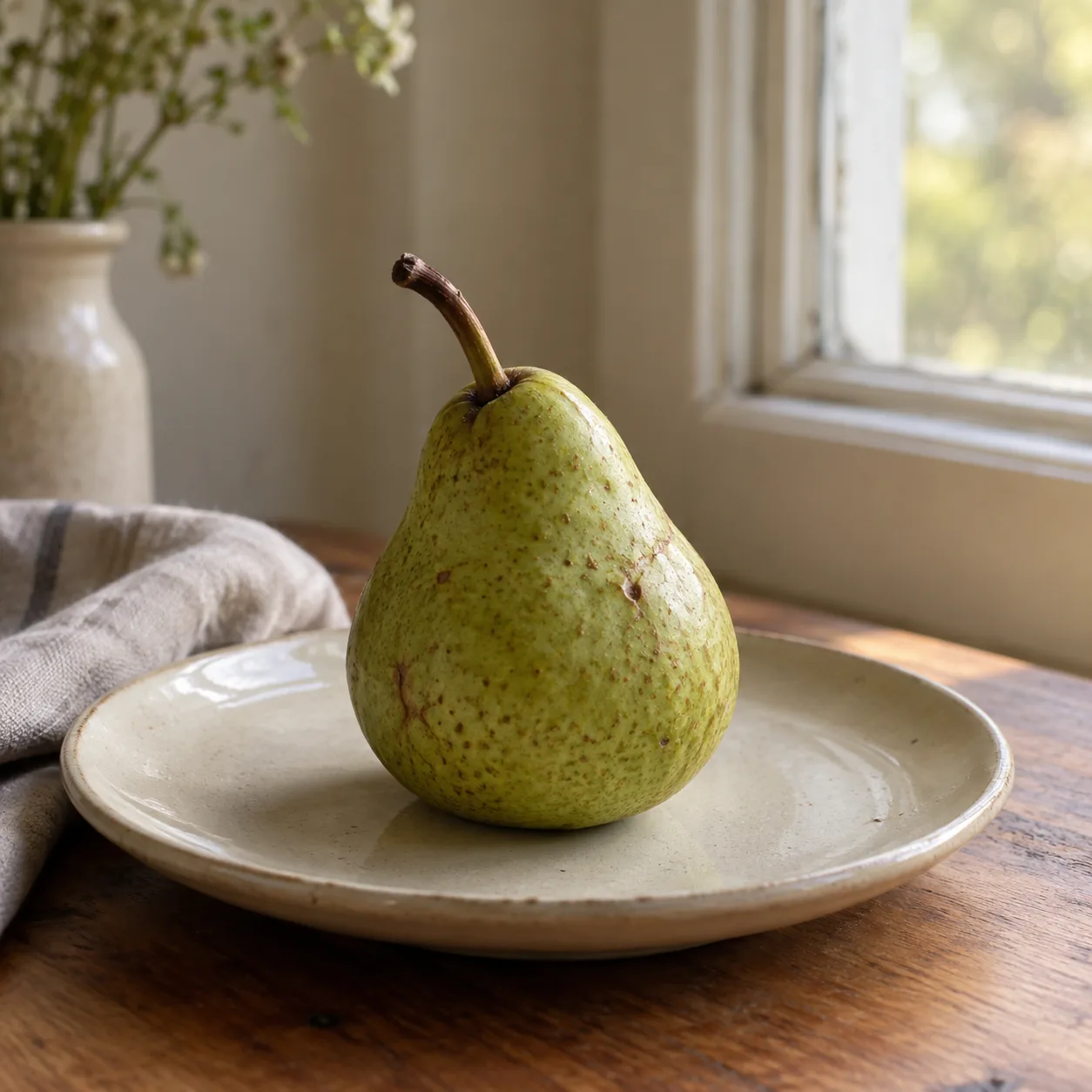 A green pear with dimpled skin and a brown stem rests on a cream ceramic plate beside a softly lit window.