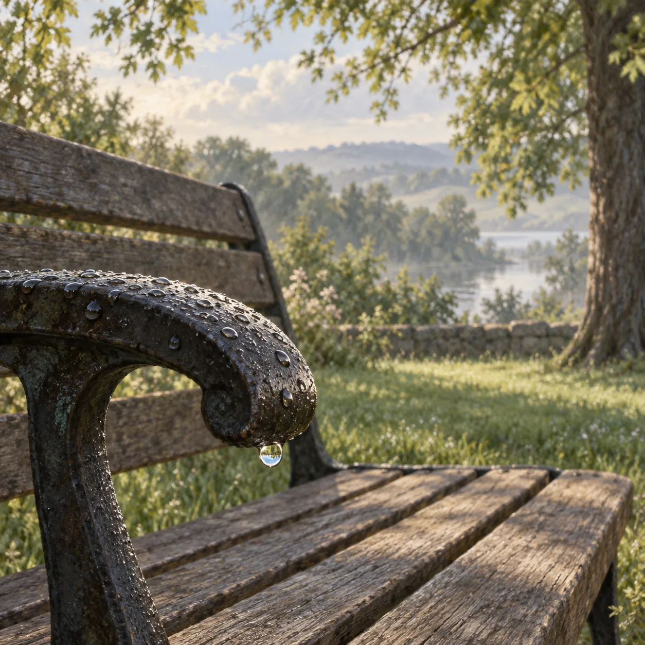 A rain-beaded armrest glinting on an old wooden park bench in morning light