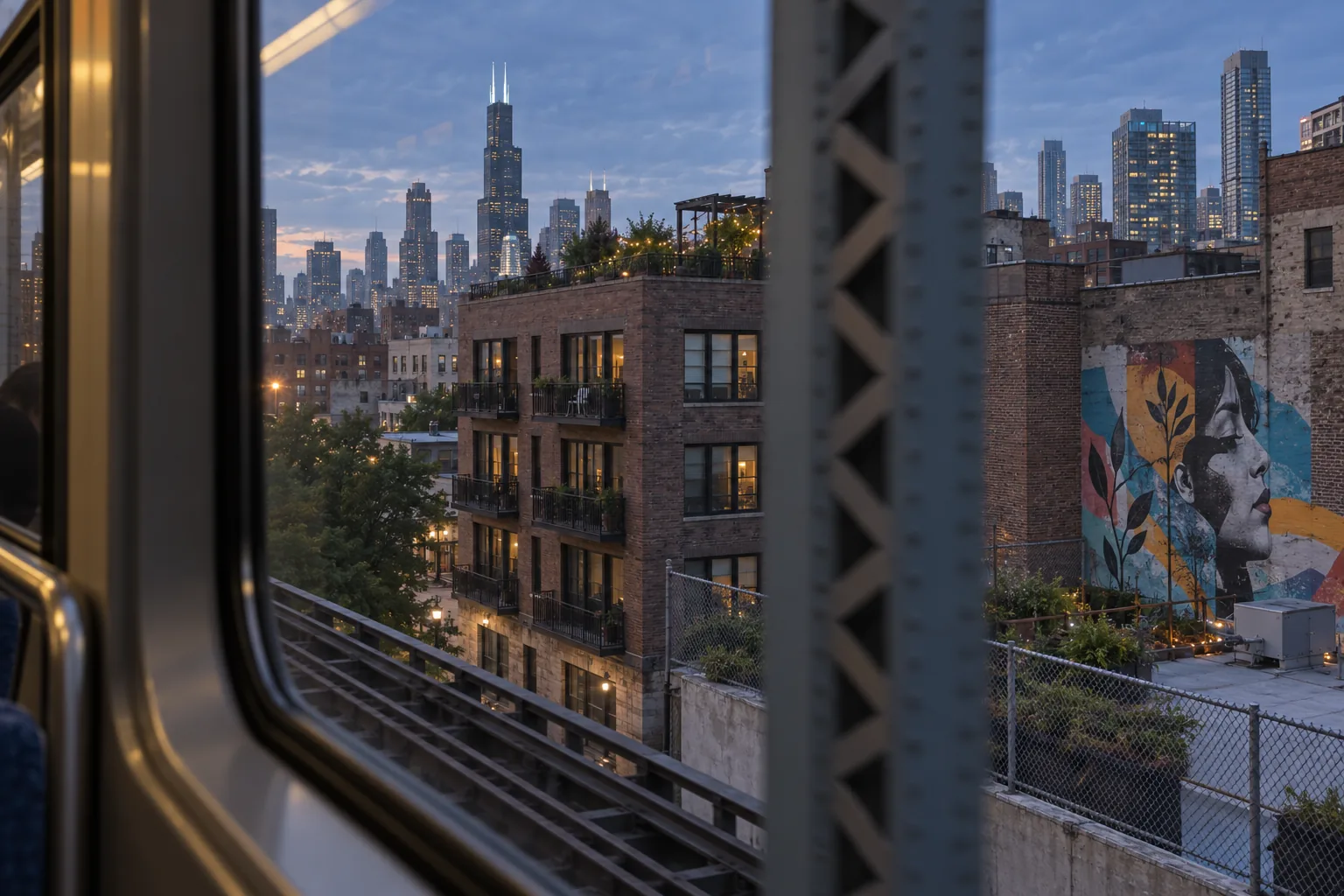 View from an elevated train at blue hour, with a brick building, rooftop garden, and mural broken into fragments by the train window and a steel column.