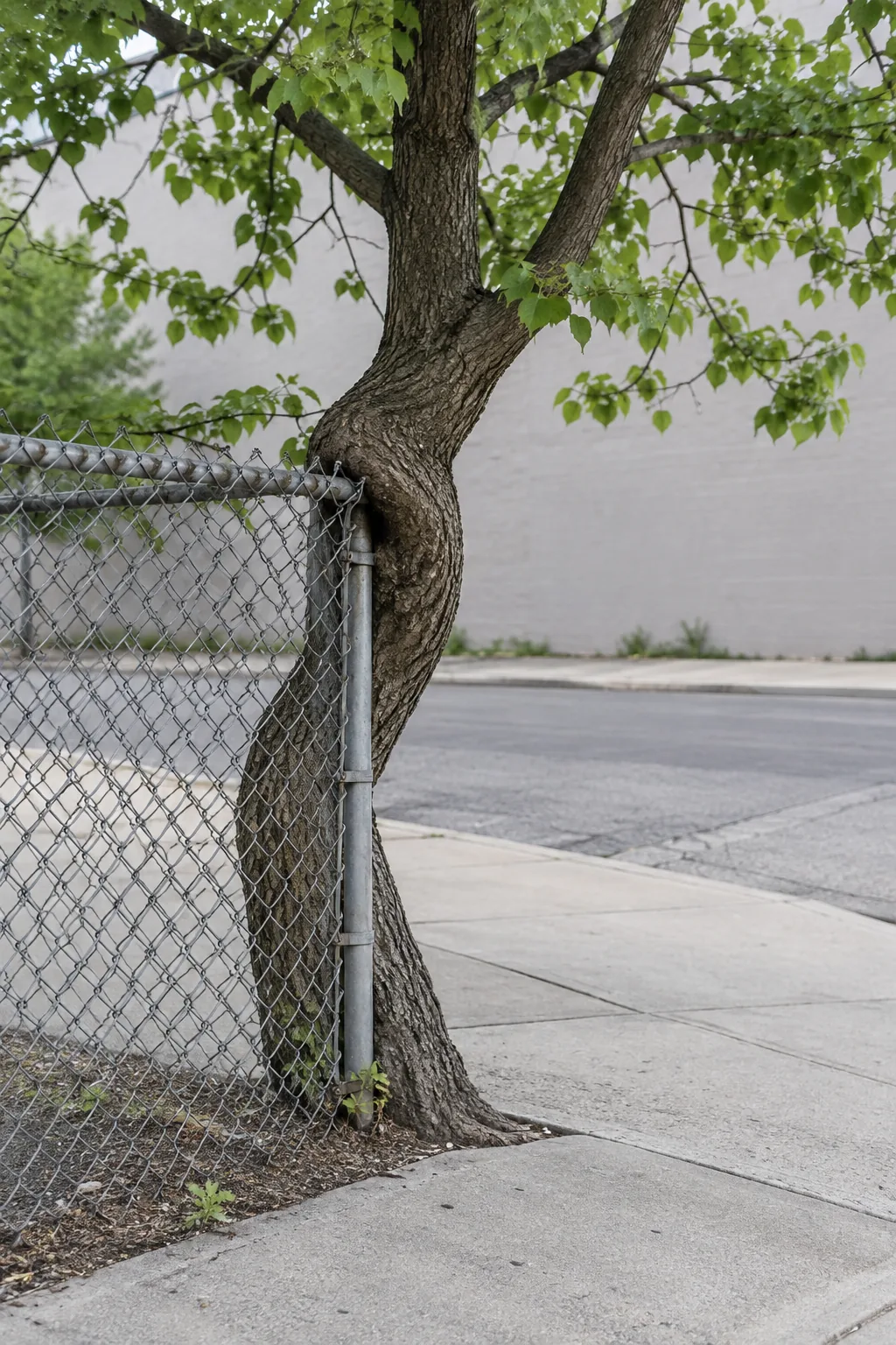 A young tree curves around a chain-link fence on an urban sidewalk.