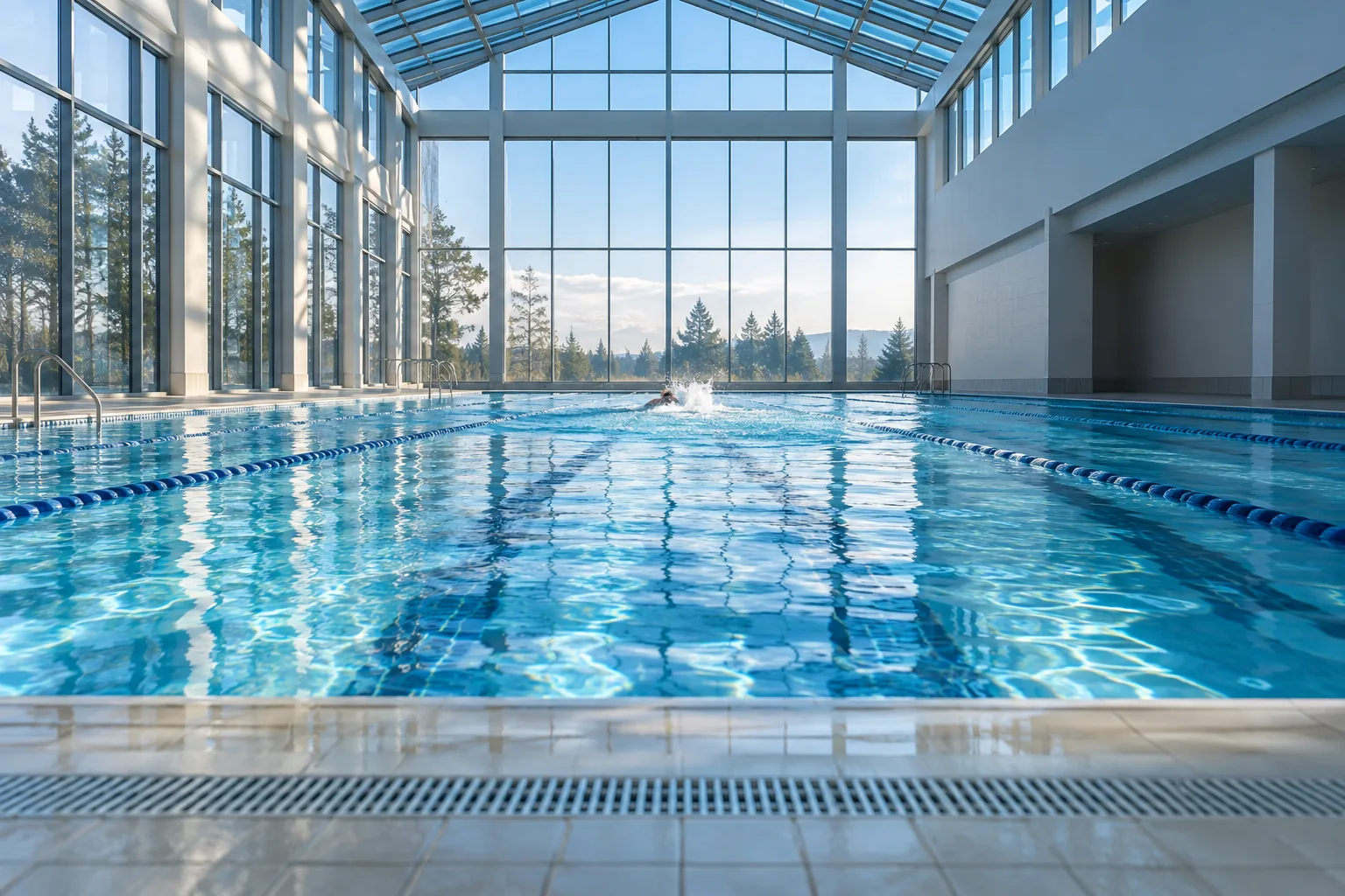 A swimmer’s splash sends ripples across a blue municipal pool beneath a high glass ceiling.