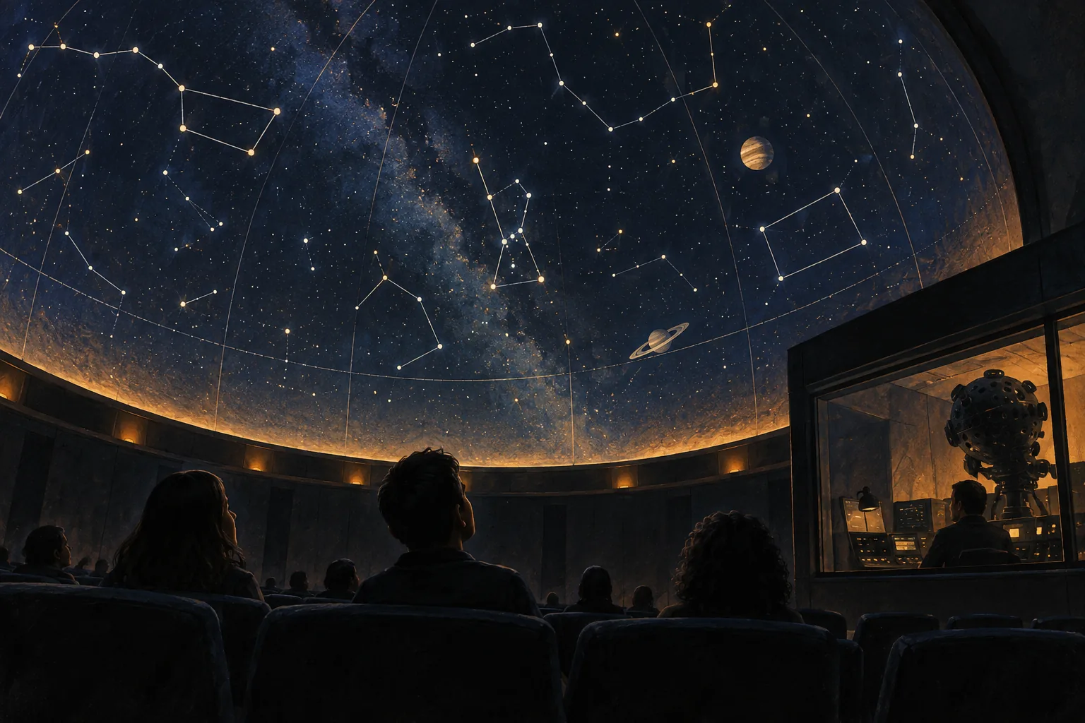 A planetarium audience looks up at projected constellations while a projection console glows in a side booth.