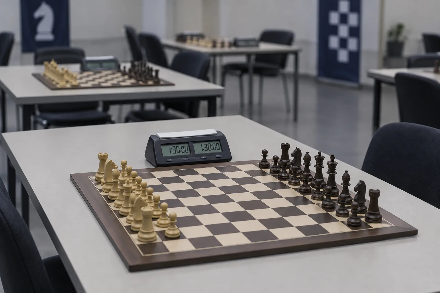A digital chess clock between the two sides of a chessboard in a tournament hall.
