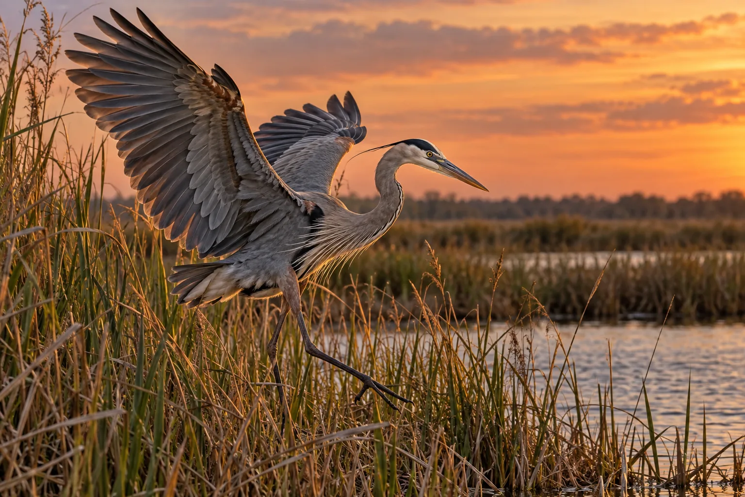 A great blue heron lands at the edge of a reed-filled marsh, wings spread in copper evening light.