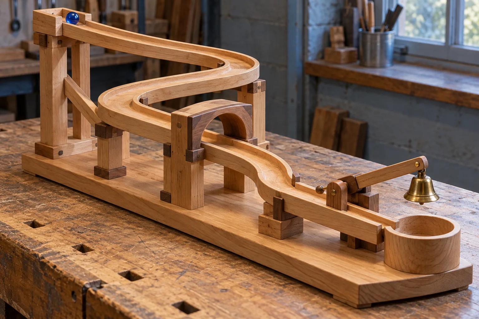 A blue marble rests at the top of a winding wooden track on a workbench. The track passes under an arch and ends beside a lever with a hanging brass bell and a wooden catch cup.