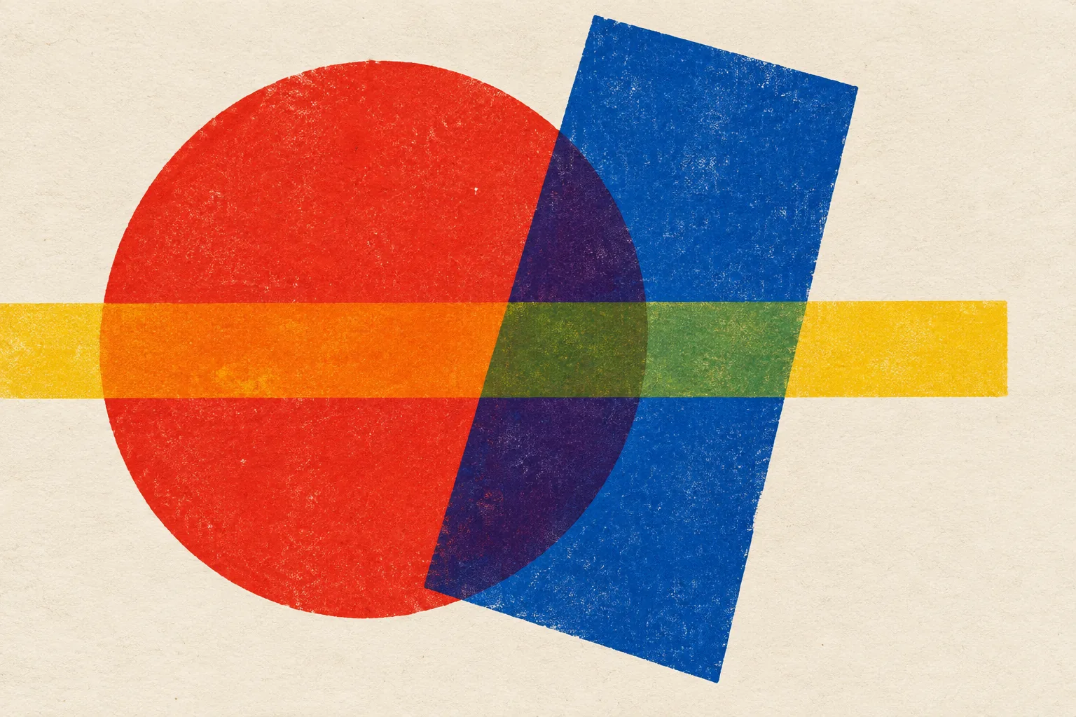 Abstract artwork with an overlapping red circle, tilted blue rectangle and narrow yellow band on ivory paper.
