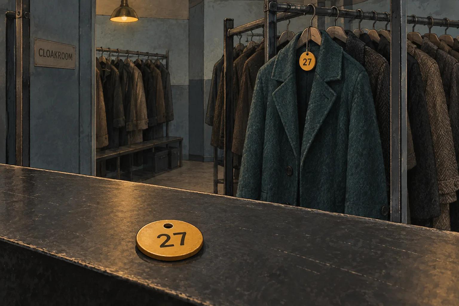An ochre token marked 27 rests on a cloakroom counter, matching a tag on a teal coat hanging behind it.