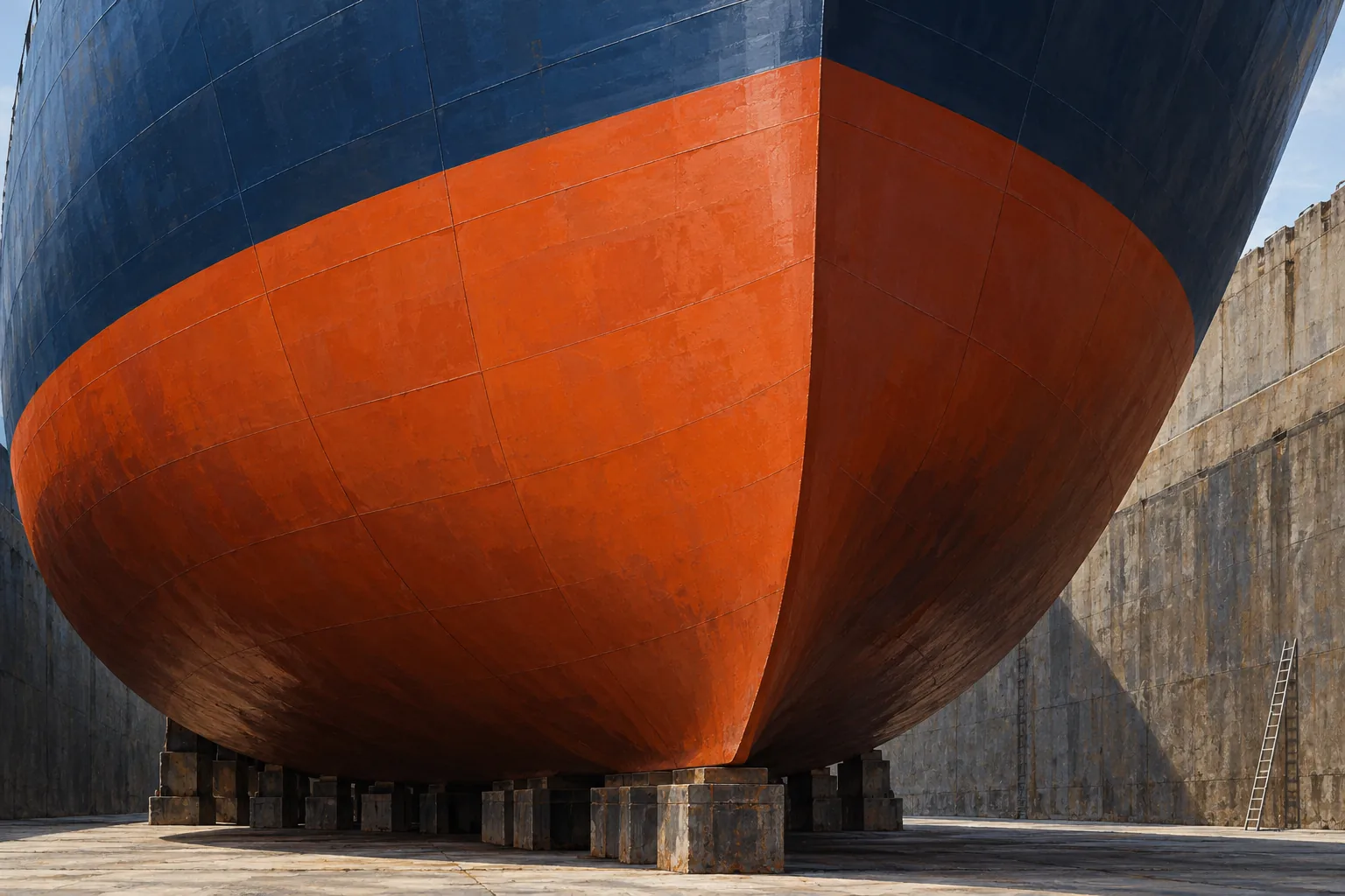 An immense navy and burnt-orange ship's bow fills a dry dock, with a small pale ladder against the concrete wall.
