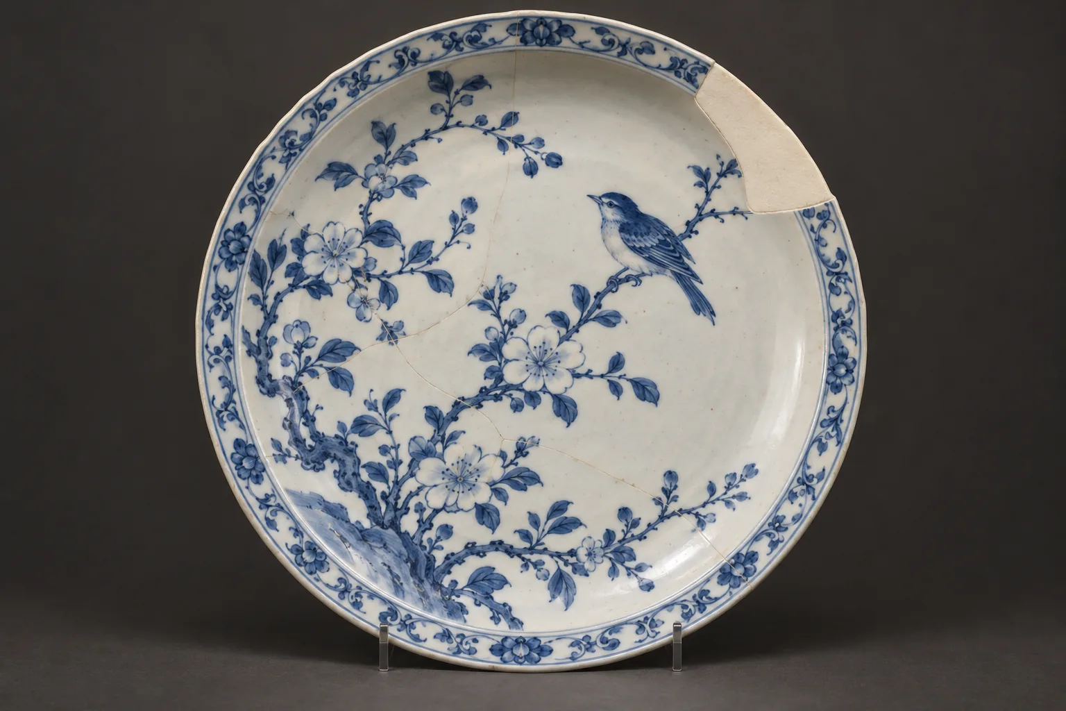 A repaired blue-and-white plate with a bird and flowering branches has a plain ivory infill interrupting its decorated rim.