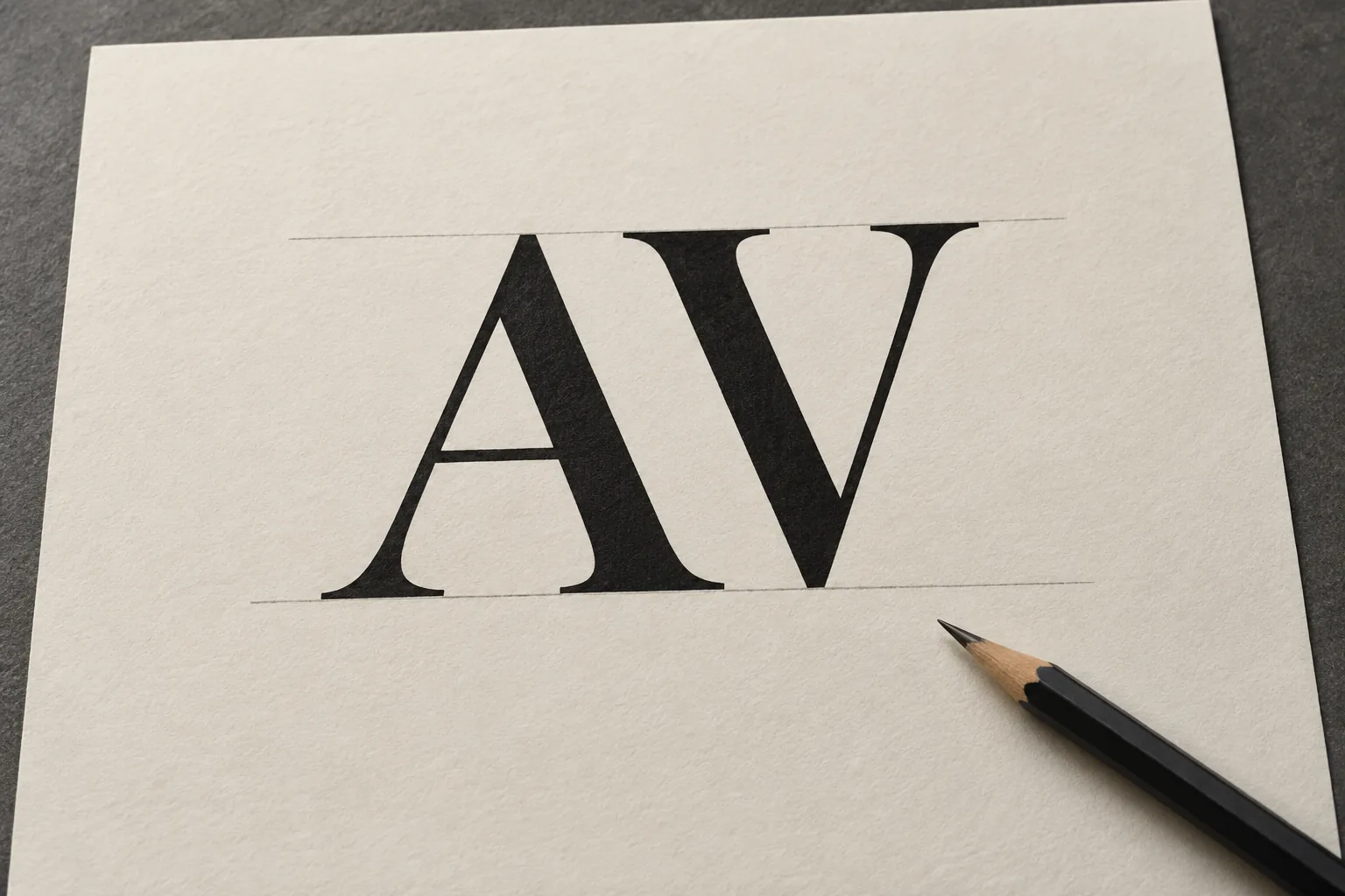 Black serif letters A and V on ivory paper, with faint horizontal pencil guides and a pencil beside them.