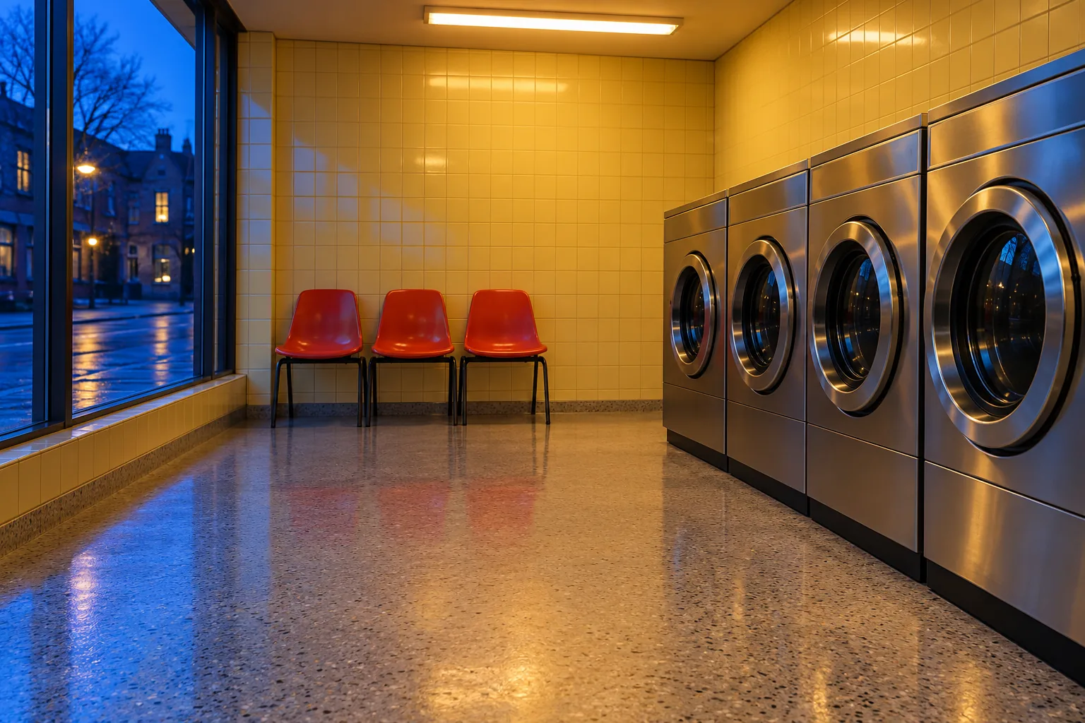 An empty laundrette with round steel washing-machine doors, three red chairs and pale yellow tiles mixes warm interior light with blue twilight.