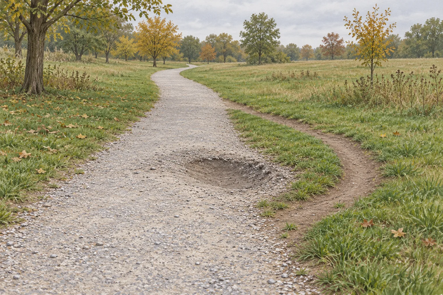 A worn brown detour curves through grass around a dry hollow in a gravel park path.