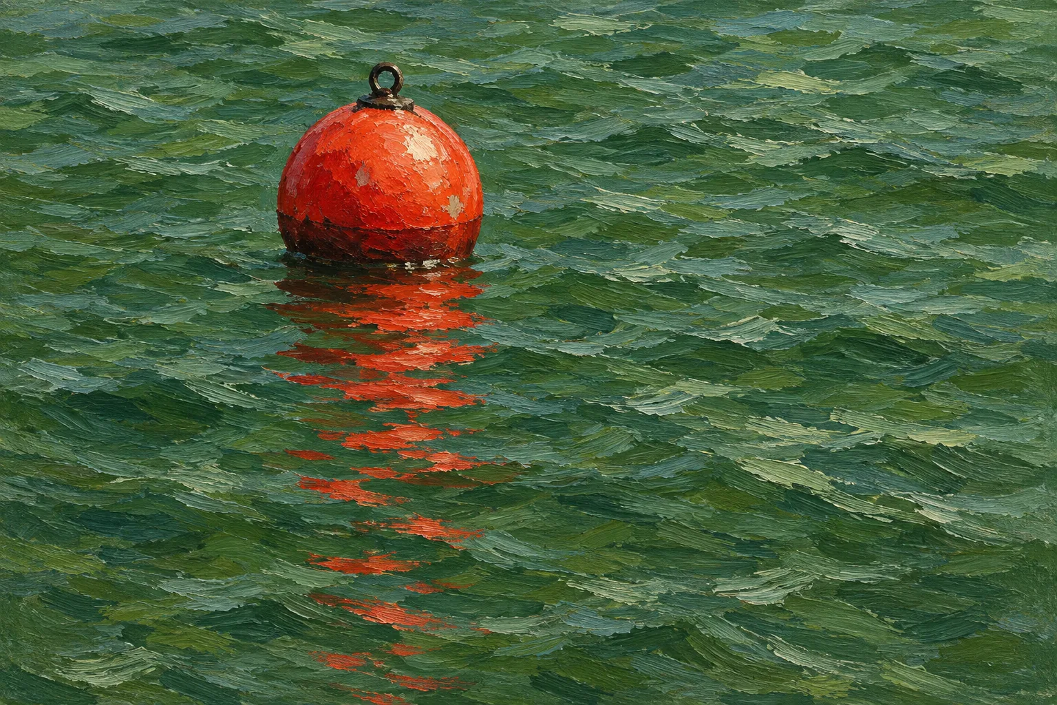 A small red buoy with a metal loop floats in green water above a broken red reflection in a textured painting.