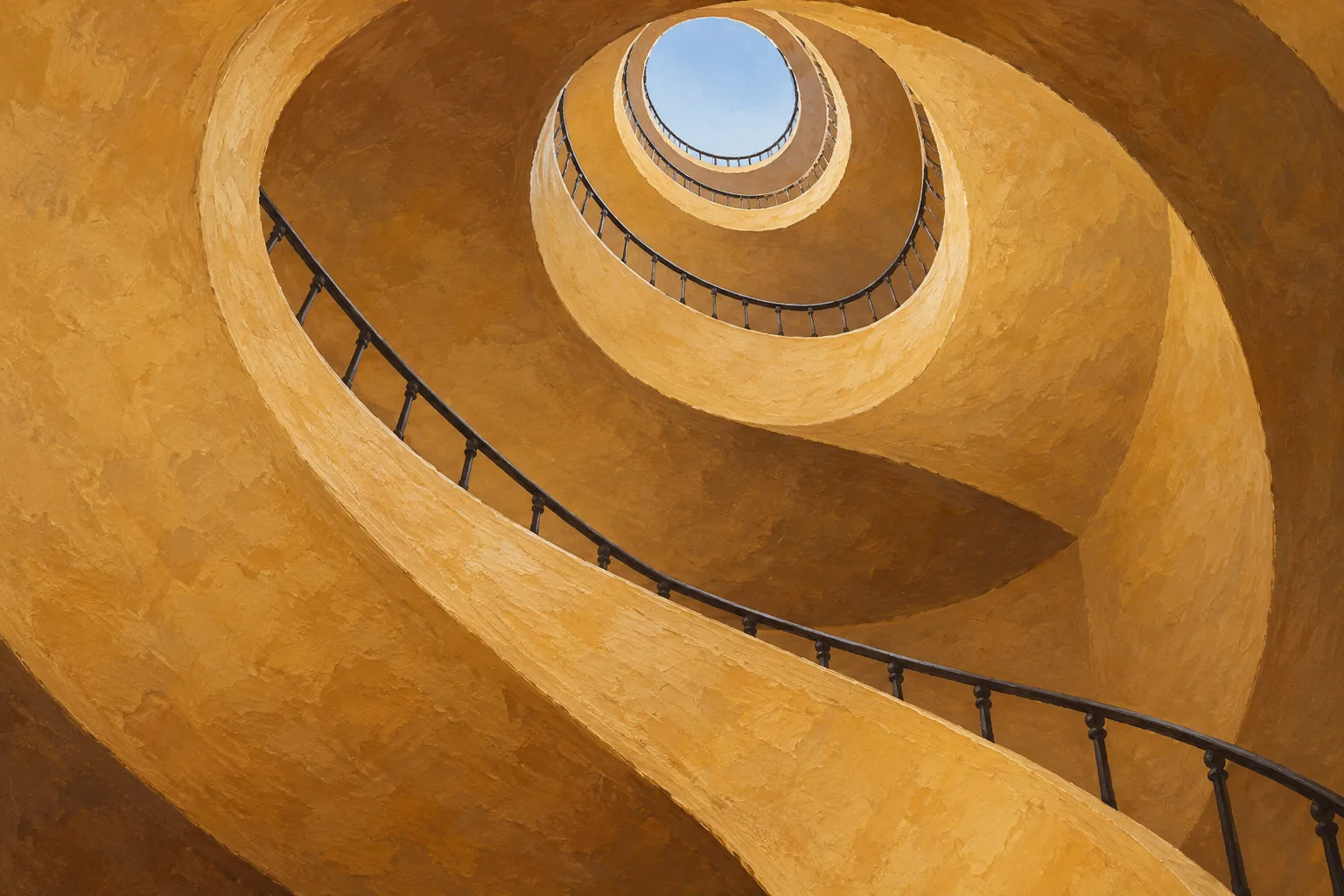 An ochre spiral stairwell curves upward around a small opening of pale blue sky in a textured painting.