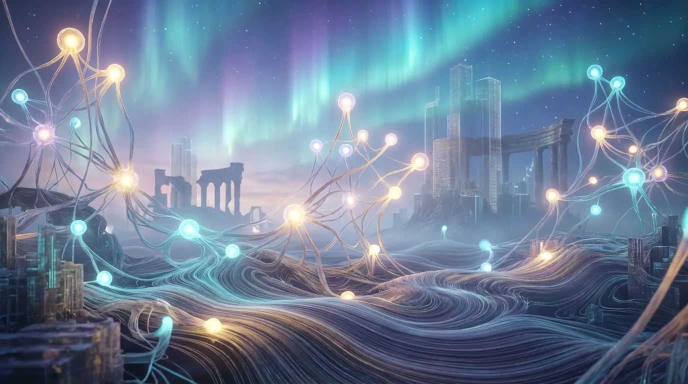 A surreal digital landscape representing neural networks and memory