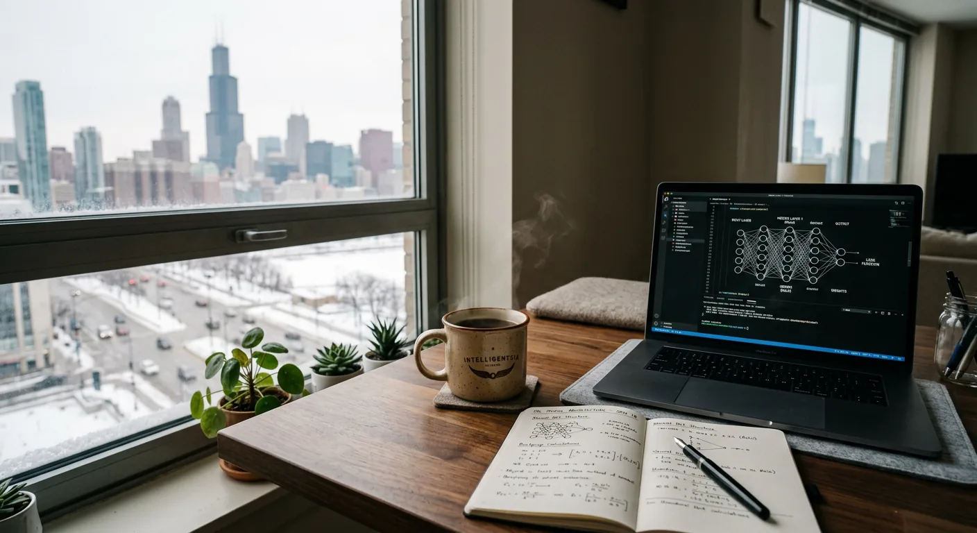 A quiet morning desk scene in Chicago with coffee, notebook, and a subtle neural network diagram on a laptop
