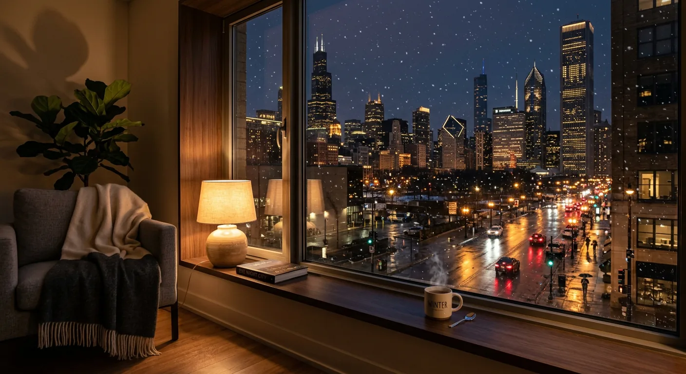 A serene winter evening in Chicago seen from an apartment window, warm interior glow, soft snow, streetlights reflecting on wet pavement